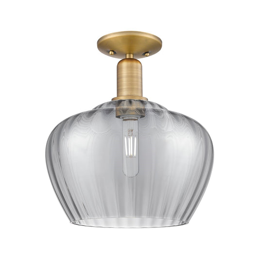 Innovations Fenton 11in 1-Light Semi-Flush Mount | Industrial Brushed Brass and Light Smoke Ribbed Glass | Kitchen & Hallway | 11 | Model 716-1C-BB-G93-L