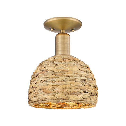 Innovations Woven Rattan 8in 1-Light Semi-Flush Mount | Rustic Farmhouse Brushed Brass and Natural Woven Rattan | Kitchen & | Model 716-1C-BB-RBD-8-NAT