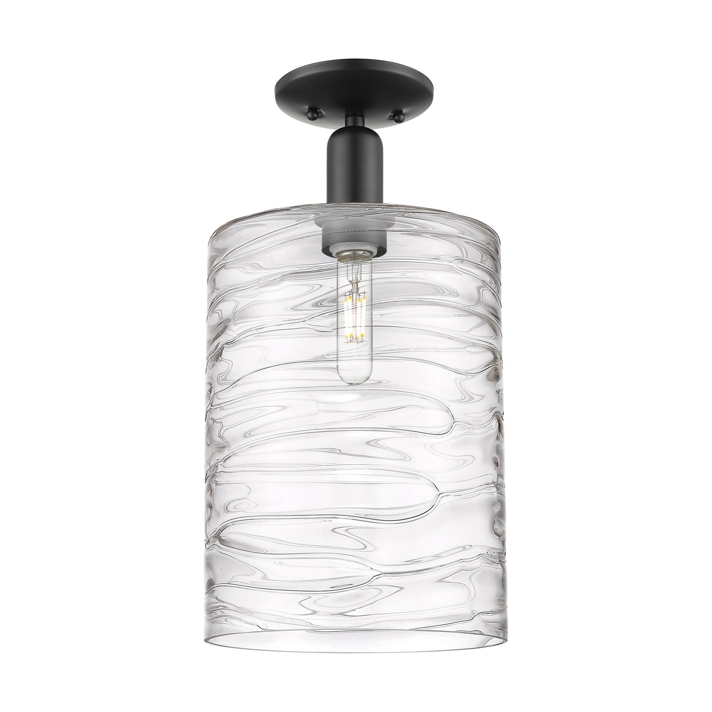 Innovations Cobbleskill 9in 1-Light Semi-Flush Mount | Industrial Matte Black Steel and Deco Swirl Clear Glass | Entryway & | Model 716-1C-BK-G1113-L