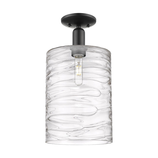 Innovations Cobbleskill 9in 1-Light Semi-Flush Mount | Industrial Matte Black Steel and Deco Swirl Clear Glass | Entryway & | Model 716-1C-BK-G1113-L