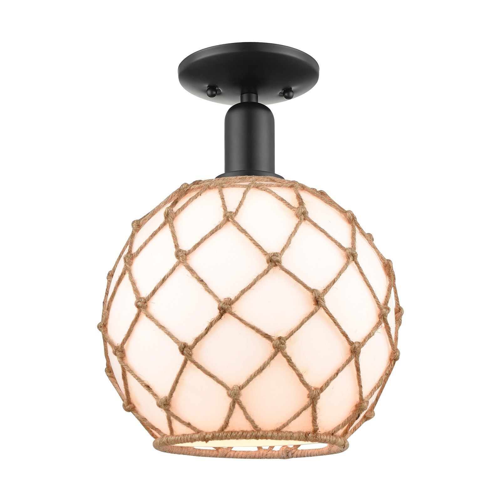 Innovations Farmhouse Rope 10in 1-Light Semi-Flush | Industrial Matte Black Steel and Matte White Glass with Brown Rope | Model 716-1C-BK-G121-10RB