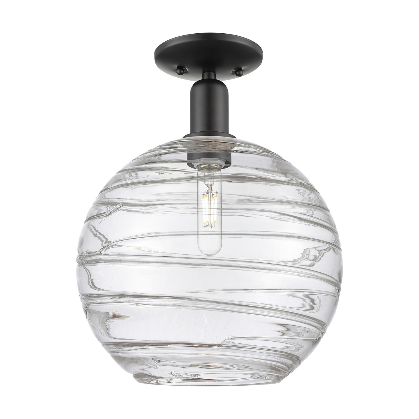Innovations Athens Deco Swirl 12in 1-Light Semi-Flush Mount | Industrial Matte Black Steel and Clear Deco Swirl Glass | Model 716-1C-BK-G1213-12CL