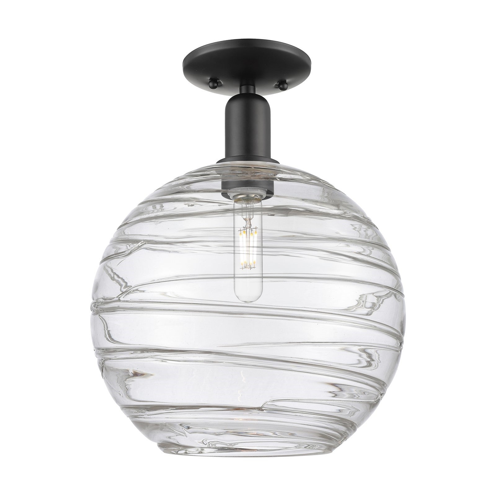 Innovations Athens Deco Swirl 12in 1-Light Semi-Flush Mount | Industrial Matte Black Steel and Clear Deco Swirl Glass | Model 716-1C-BK-G1213-12CL