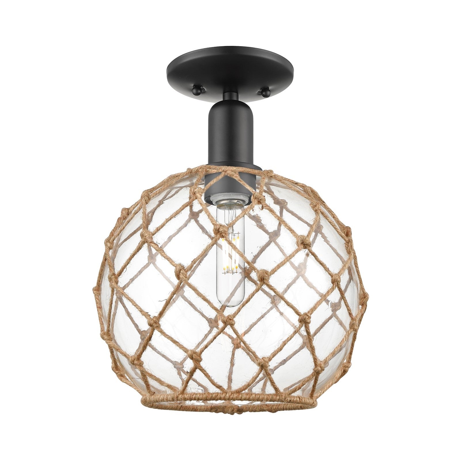Innovations Farmhouse Rope 10in 1-Light Semi-Flush Mount | Industrial Matte Black Steel and Clear Glass with Brown Rope | Model 716-1C-BK-G122-10RB