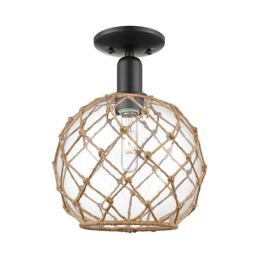 Innovations Farmhouse Rope 10in 1-Light Semi-Flush Mount | Industrial Matte Black Steel and Clear Glass with Brown Rope | Model 716-1C-BK-G122-10RB