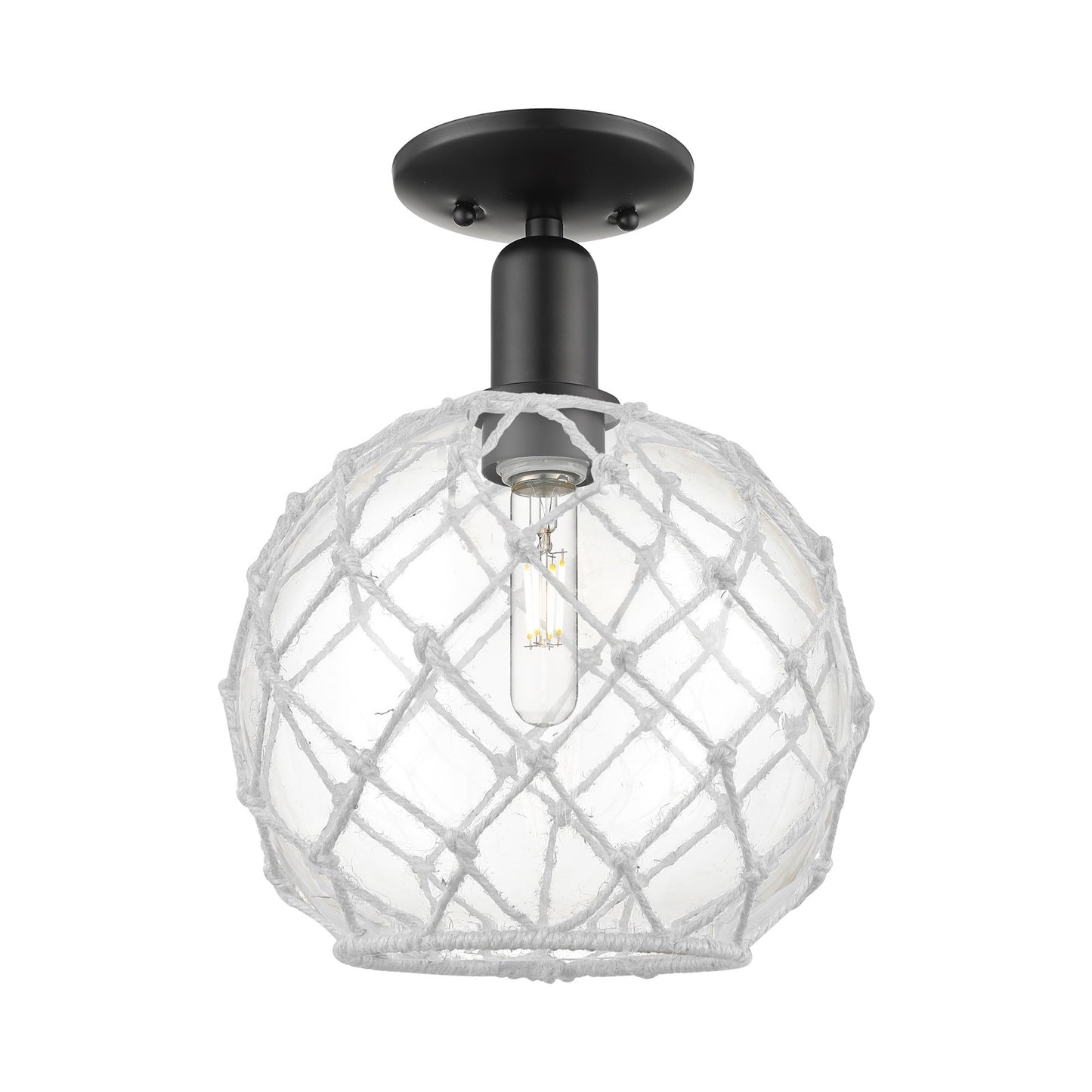 Innovations Farmhouse Rope 10in 1-Light Semi-Flush Mount | Industrial Matte Black Steel and Clear Glass with White Rope | Model 716-1C-BK-G122-10RW