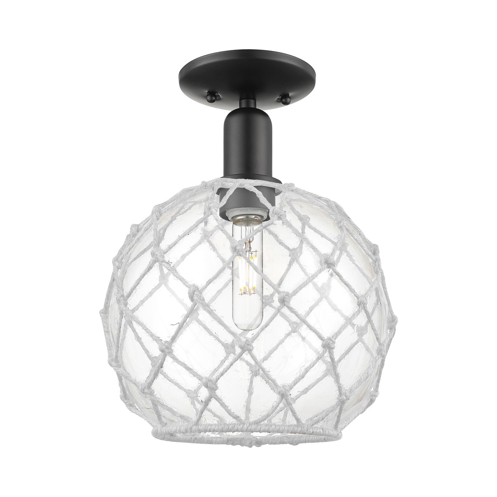 Innovations Farmhouse Rope 10in 1-Light Semi-Flush Mount | Industrial Matte Black Steel and Clear Glass with White Rope | Model 716-1C-BK-G122-10RW
