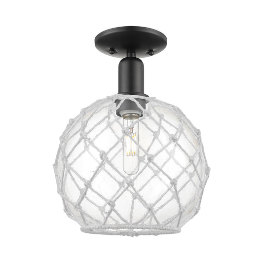 Innovations Farmhouse Rope 10in 1-Light Semi-Flush Mount | Industrial Matte Black Steel and Clear Glass with White Rope | Model 716-1C-BK-G122-10RW