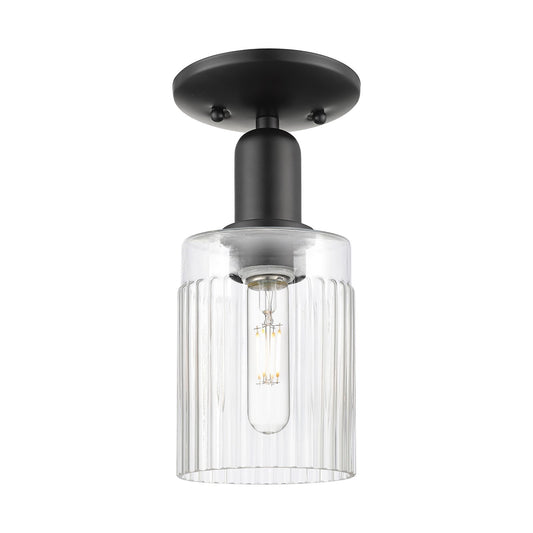 Innovations Hadley 1-Light 4.5in Semi-Flush Mount | Industrial Matte Black Steel and Clear Ribbed Glass | Entryway & Hallway | 4.5 | Model 716-1C-BK-G342