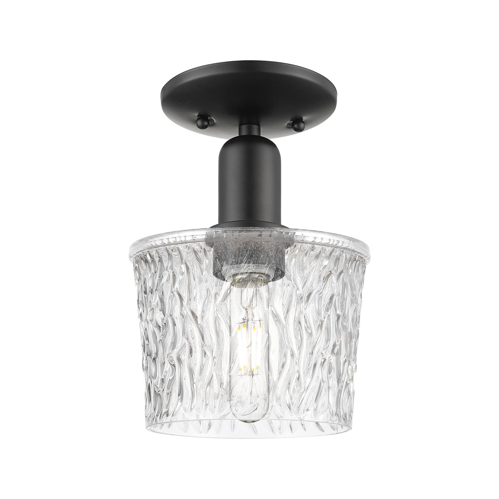 Innovations Niagara 1-Light 6.5in Semi-Flush Mount | Industrial Matte Black Steel and Clear Textured Glass | Damp-Rated Hallway & | Model 716-1C-BK-G402