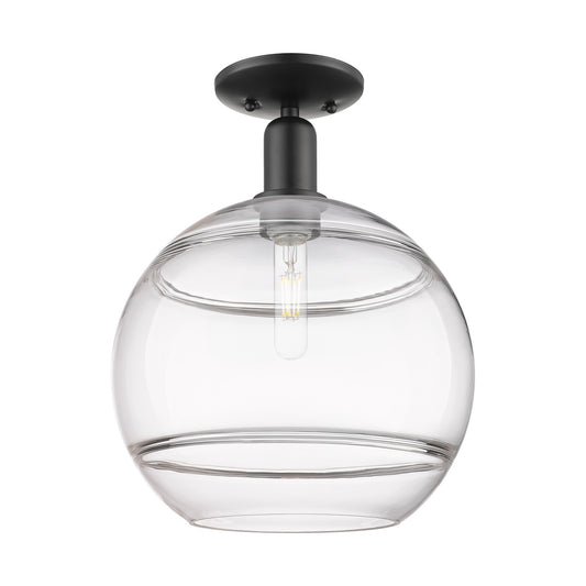 Innovations Rochester 12in 1-Light Semi-Flush Mount | Industrial Matte Black Steel and Clear Glass | Hallway & Entryway | 12 x | Model 716-1C-BK-G556-12CL