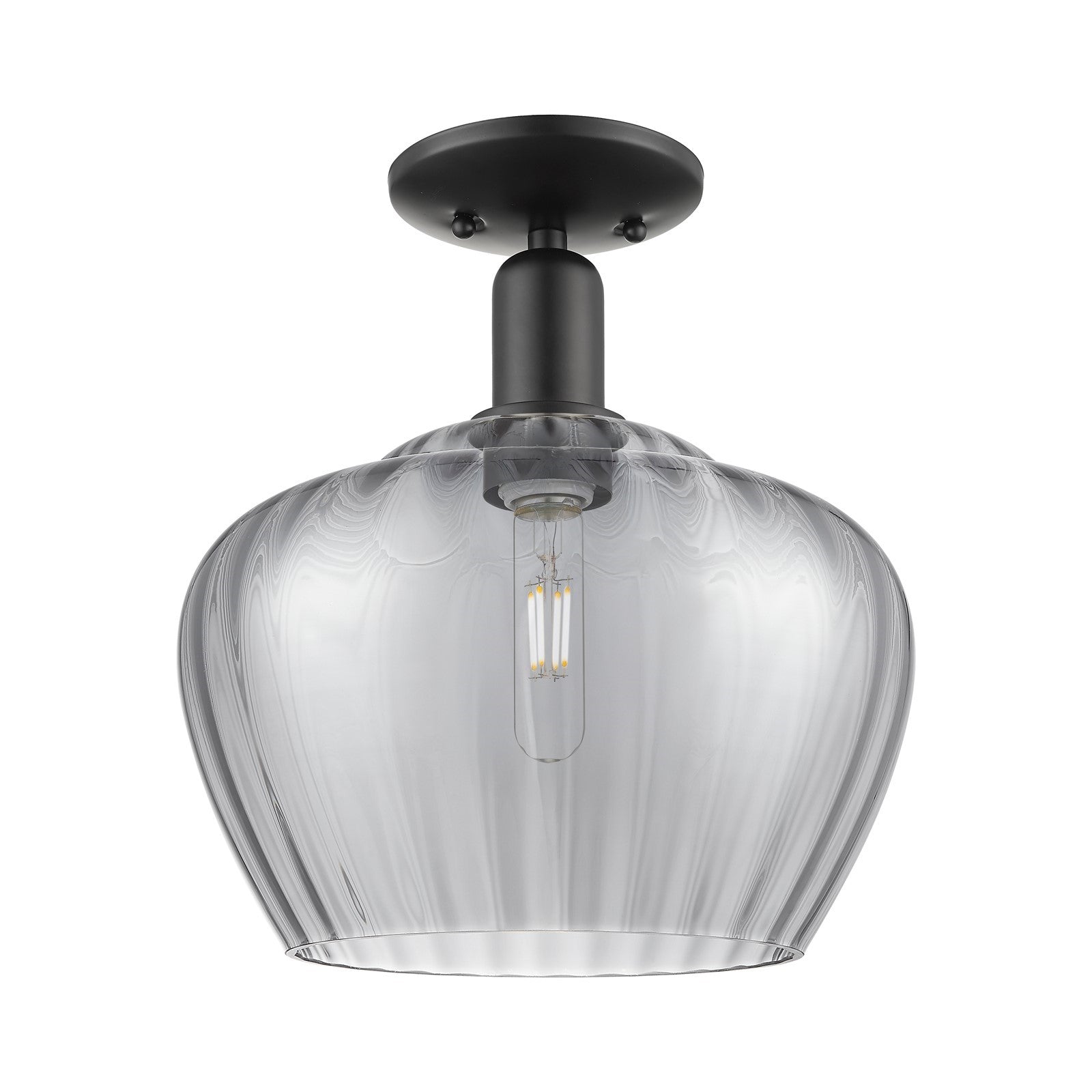 Innovations Fenton 11in 1-Light Semi-Flush Mount | Industrial Matte Black Steel and Light Smoke Ribbed Glass | Entryway & Hallway | Model 716-1C-BK-G93-L