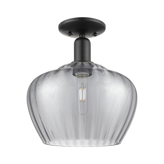 Innovations Fenton 11in 1-Light Semi-Flush Mount | Industrial Matte Black Steel and Light Smoke Ribbed Glass | Entryway & Hallway | Model 716-1C-BK-G93-L