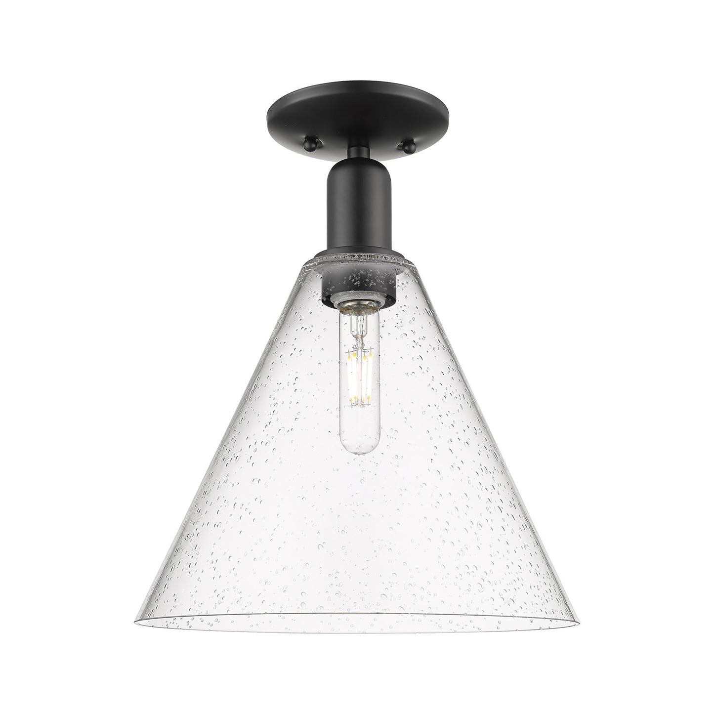 Innovations Berkshire Glass 12in 1-Light Semi-Flush Mount | Industrial Matte Black Steel and Seedy Cone Glass | Entryway & | Model 716-1C-BK-GBC-124