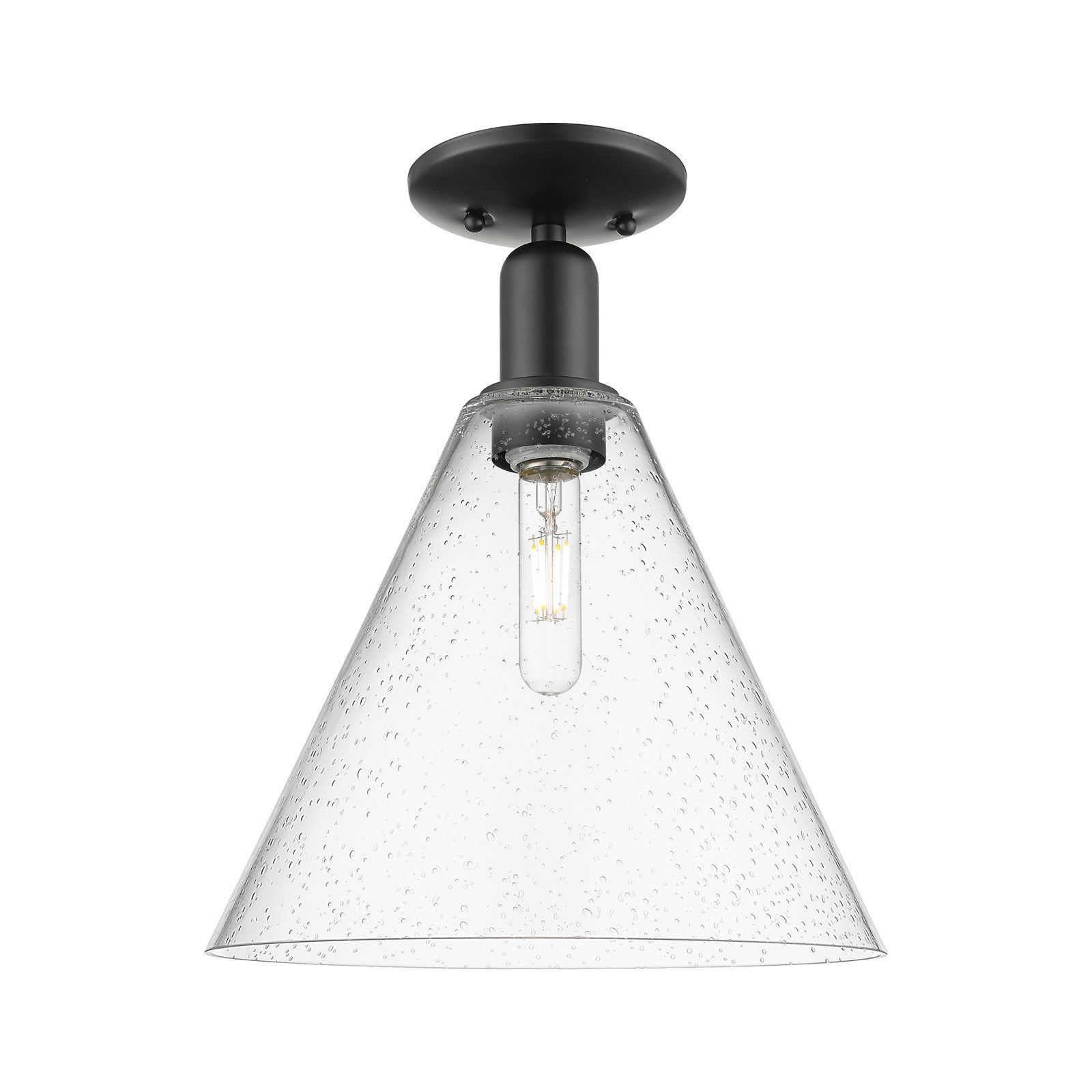 Innovations Berkshire Glass 12in 1-Light Semi-Flush Mount | Industrial Matte Black Steel and Seedy Cone Glass | Entryway & | Model 716-1C-BK-GBC-124