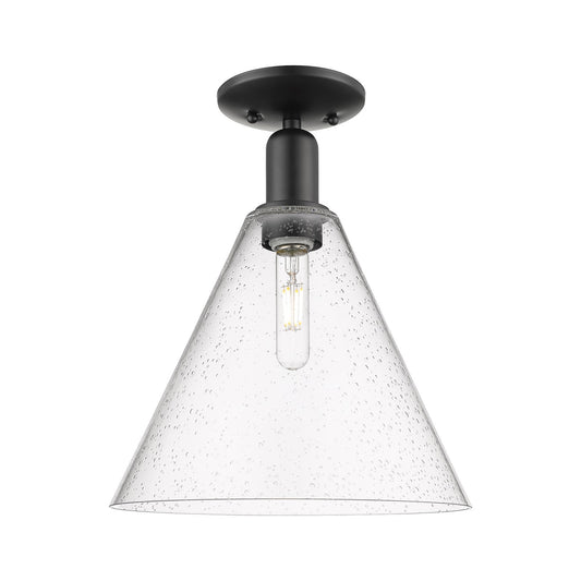 Innovations Berkshire Glass 12in 1-Light Semi-Flush Mount | Industrial Matte Black Steel and Seedy Cone Glass | Entryway & | Model 716-1C-BK-GBC-124