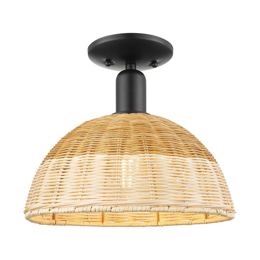 Innovations Natural Ballston Dome 12in 1-Light Semi-Flush Mount | Farmhouse Matte Black Steel and Natural Fiber Dome Shade | Model 716-1C-BK-NBD2-12-NAT