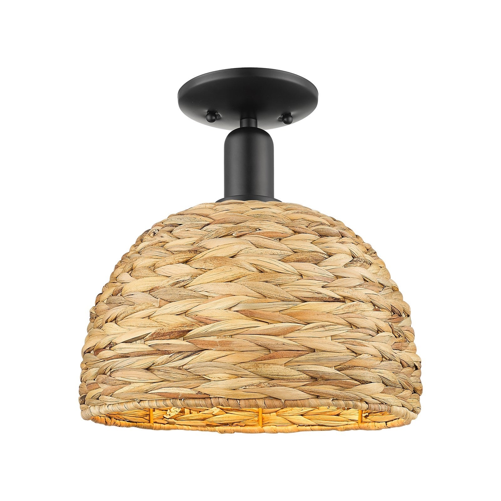 Innovations Woven Rattan 12in 1-Light Semi-Flush Mount | Industrial Matte Black Steel and Natural Rattan Dome Shade | Model 716-1C-BK-RBD-12-NAT