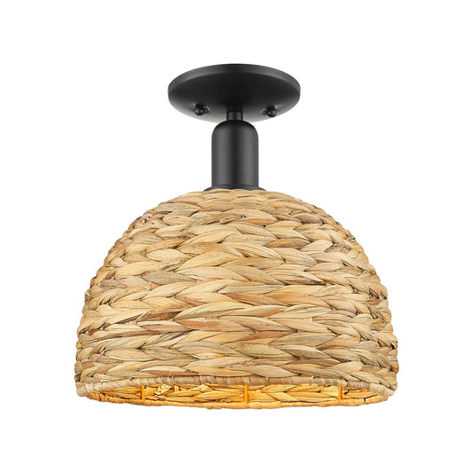 Innovations Woven Rattan 12in 1-Light Semi-Flush Mount | Industrial Matte Black Steel and Natural Rattan Dome Shade | Model 716-1C-BK-RBD-12-NAT