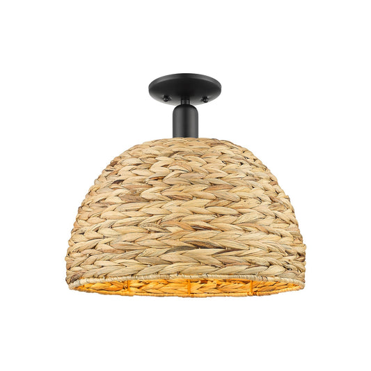 Innovations Woven Rattan 16in 1-Light Semi-Flush Mount | Industrial Matte Black Steel and Natural Fiber Shade | Entryway & | Model 716-1C-BK-RBD-16-NAT