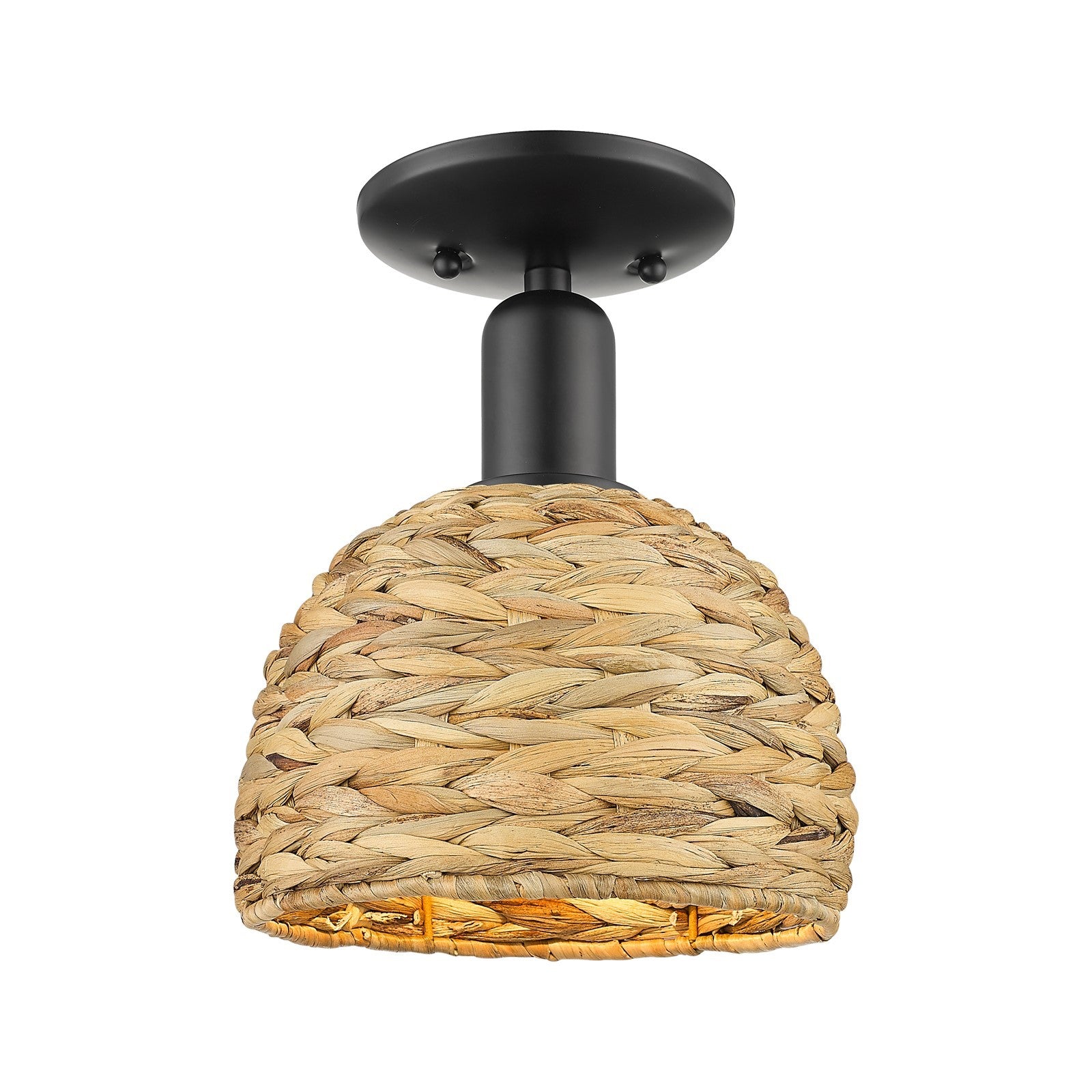 Innovations Woven Rattan 8in 1-Light Semi-Flush Mount | Rustic Farmhouse Matte Black Steel and Natural Woven Rattan | Entryway | Model 716-1C-BK-RBD-8-NAT