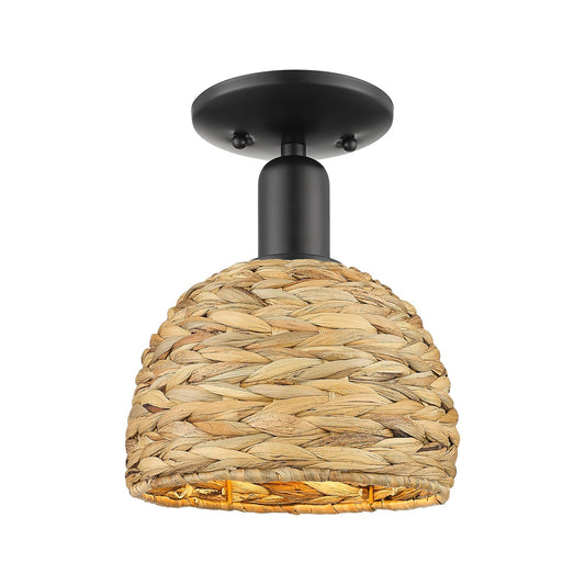 Innovations Woven Rattan 8in 1-Light Semi-Flush Mount | Rustic Farmhouse Matte Black Steel and Natural Woven Rattan | Entryway | Model 716-1C-BK-RBD-8-NAT