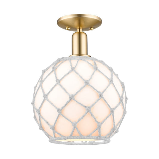 Innovations Farmhouse Rope 10in 1-Light Semi-Flush | Industrial Champagne Bronze Steel and White Glass with Rope Shade | Model 716-1C-CB-G121-10RW