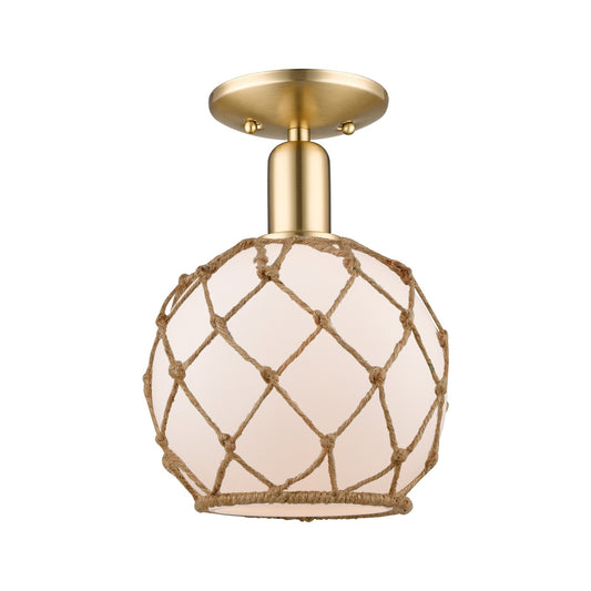 Innovations Farmhouse Rope 8in 1-Light Semi-Flush Mount | Industrial Champagne Bronze Steel and White Glass with Brown Rope | Model 716-1C-CB-G121-8RB