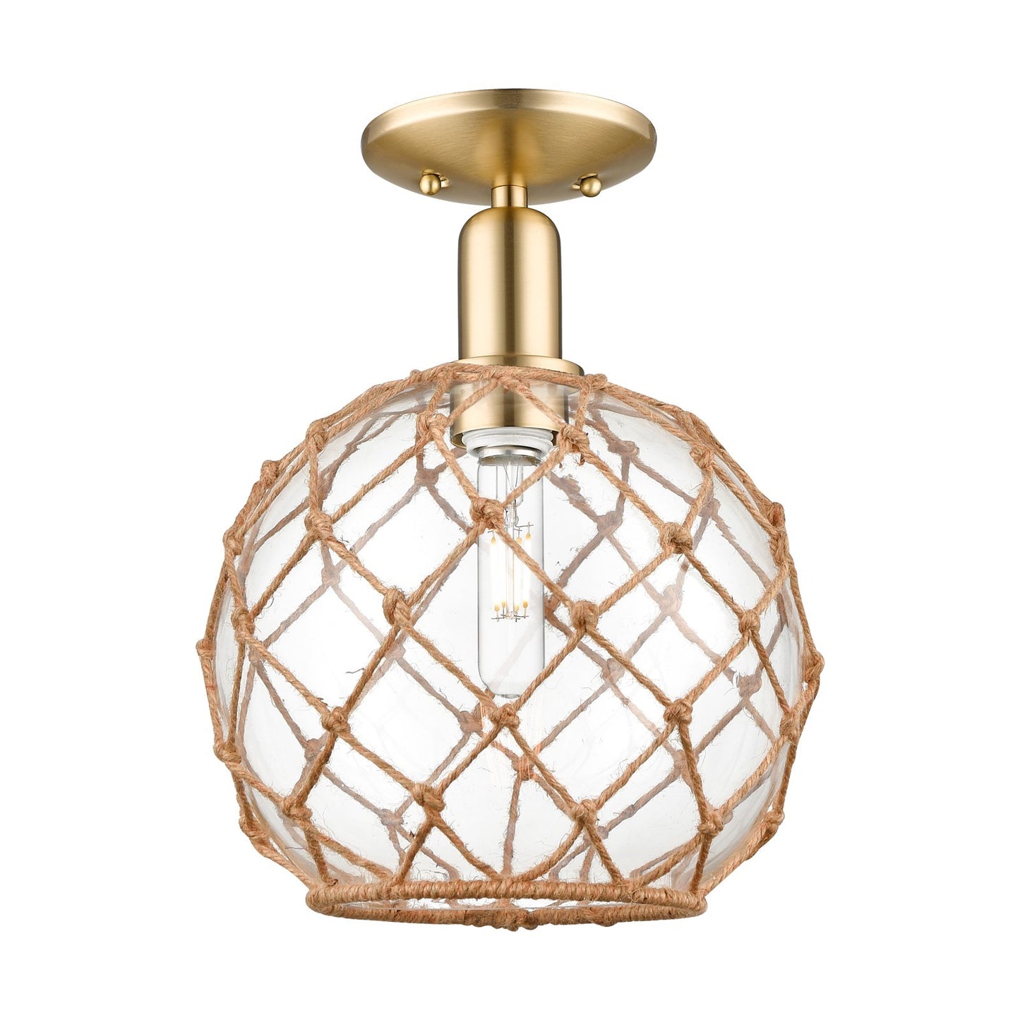 Innovations Farmhouse Rope 10in 1-Light Semi-Flush | Industrial Champagne Bronze Steel and Clear Glass with Brown Rope Shade | Model 716-1C-CB-G122-10RB