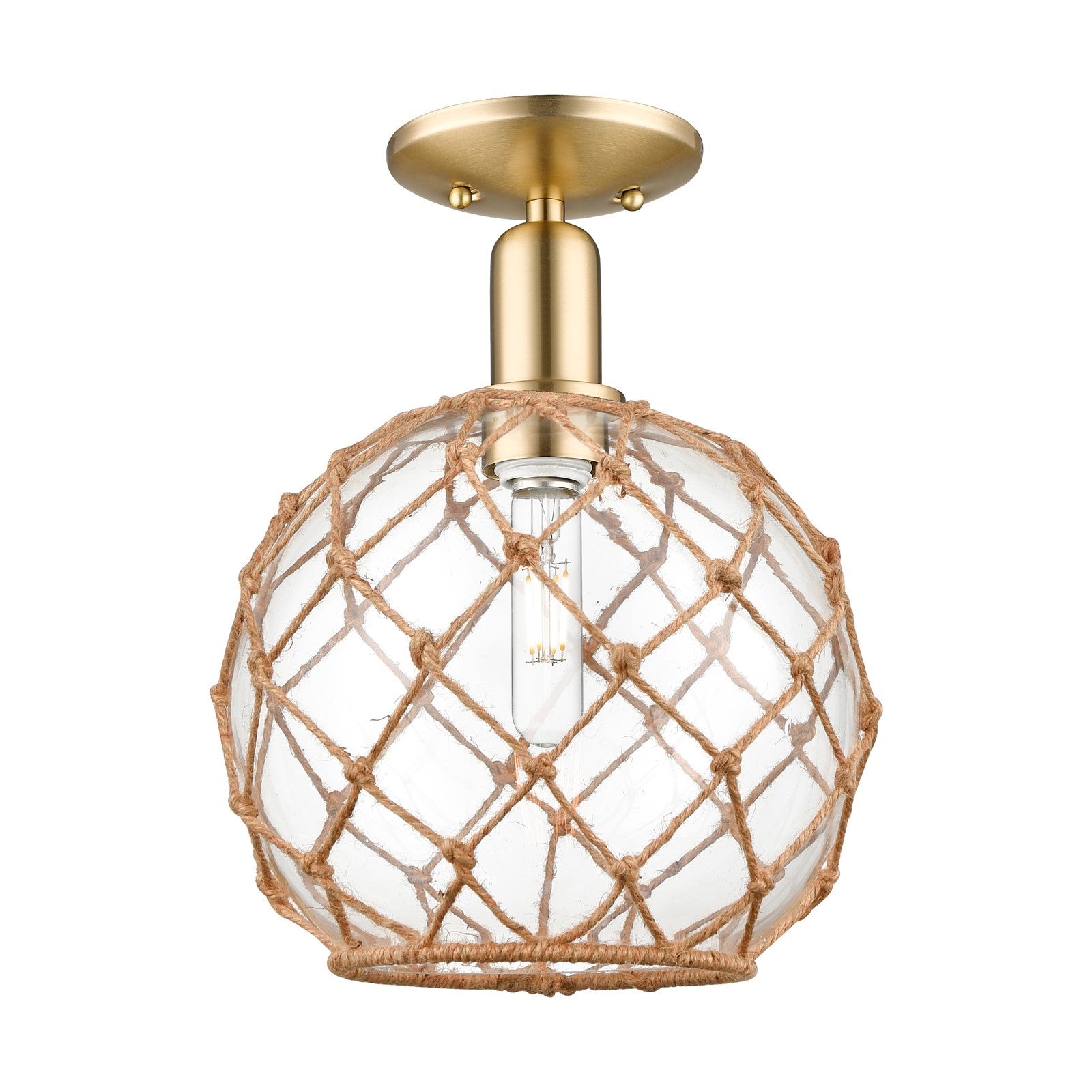 Innovations Farmhouse Rope 10in 1-Light Semi-Flush | Industrial Champagne Bronze Steel and Clear Glass with Brown Rope Shade | Model 716-1C-CB-G122-10RB