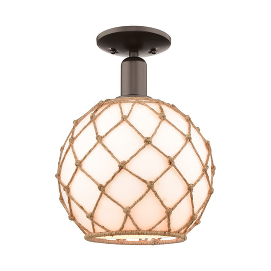 Innovations Farmhouse Rope 10in 1-Light Semi-Flush Mount | Industrial Oil Rubbed Bronze Steel and Matte White Glass with Rope | Model 716-1C-OB-G121-10RB