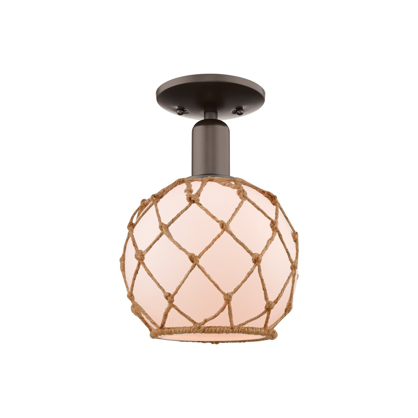 Innovations Farmhouse Rope 8in 1-Light Semi-Flush Mount | Industrial Oil Rubbed Bronze Steel and White Glass with Brown Rope | Model 716-1C-OB-G121-8RB