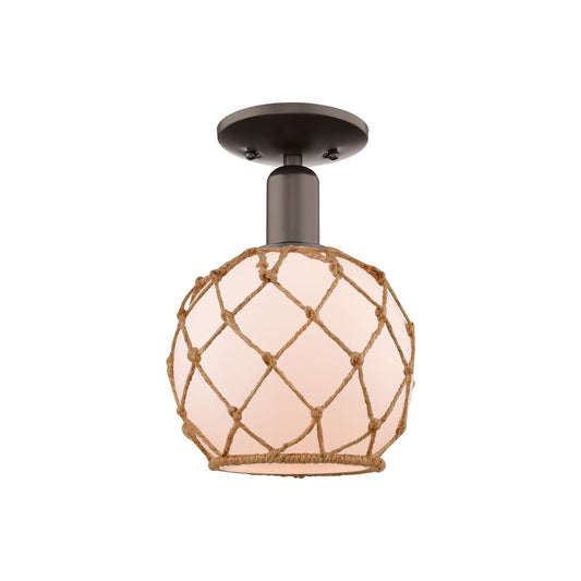 Innovations Farmhouse Rope 8in 1-Light Semi-Flush Mount | Industrial Oil Rubbed Bronze Steel and White Glass with Brown Rope | Model 716-1C-OB-G121-8RB