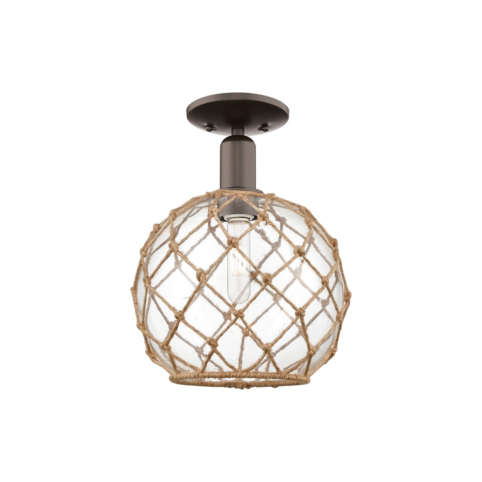 Innovations Farmhouse Rope 10in 1-Light Semi-Flush Mount | Industrial Oil Rubbed Bronze Steel and Clear Glass with Brown Rope | Model 716-1C-OB-G122-10RB