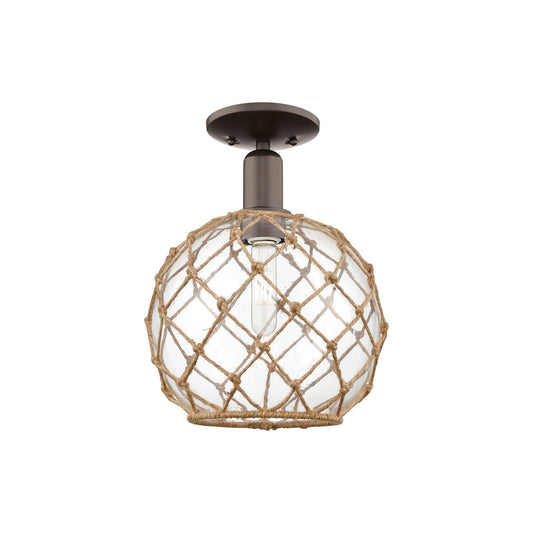 Innovations Farmhouse Rope 10in 1-Light Semi-Flush Mount | Industrial Oil Rubbed Bronze Steel and Clear Glass with Brown Rope | Model 716-1C-OB-G122-10RB
