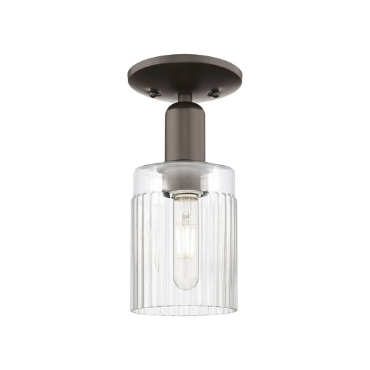 Innovations Hadley 4.5in 1-Light Semi-Flush Mount | Industrial Oil Rubbed Bronze Steel and Clear Ribbed Glass | Entryway & Hallway | Model 716-1C-OB-G342