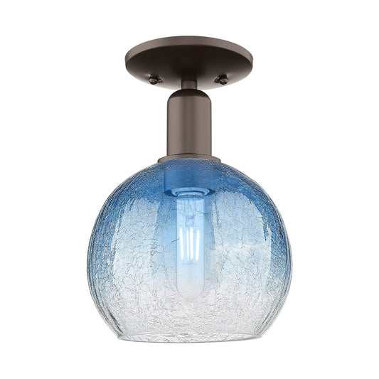 Innovations Brookhaven Globe 8in 1-Light Semi-Flush Mount | Industrial Oil Rubbed Bronze Steel and Sapphire Blue Glass | Model 716-1C-OB-G483-8SB