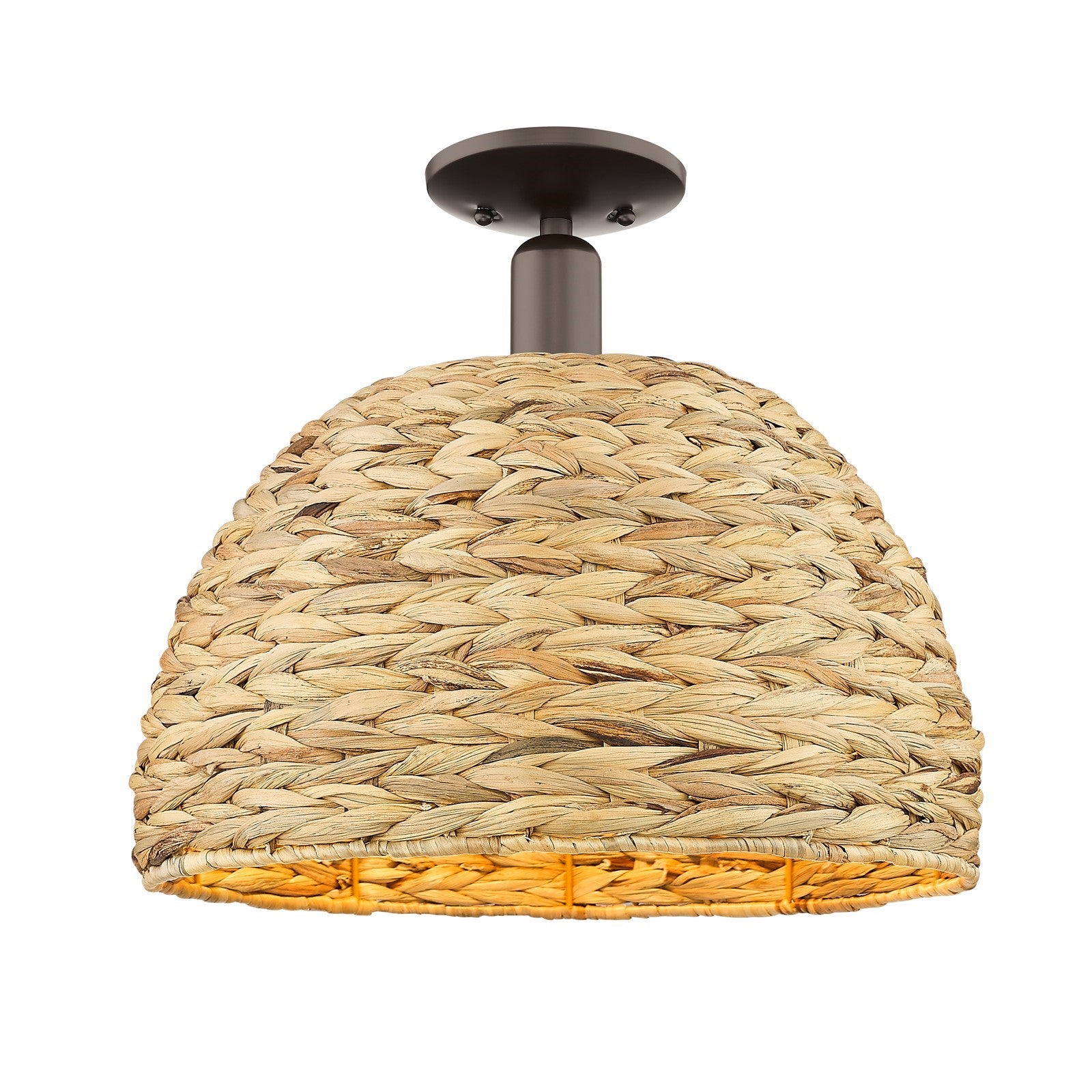 Innovations Woven Rattan 16in 1-Light Semi-Flush Mount | Industrial Oil Rubbed Bronze Steel and Natural Fiber Shade | Damp | Model 716-1C-OB-RBD-16-NAT