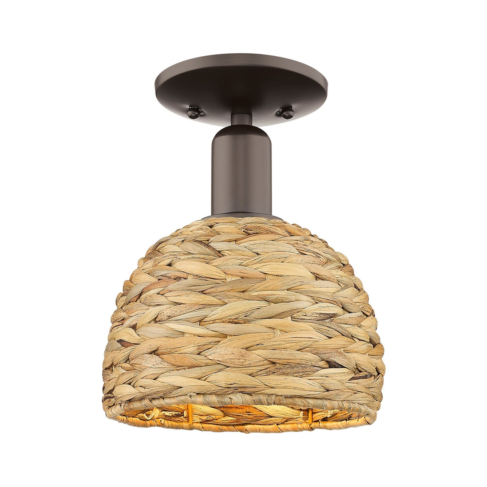 Innovations Woven Rattan 8in 1-Light Semi-Flush Mount | Rustic Oil Rubbed Bronze Steel and Natural Woven Rattan | Entryway & | Model 716-1C-OB-RBD-8-NAT