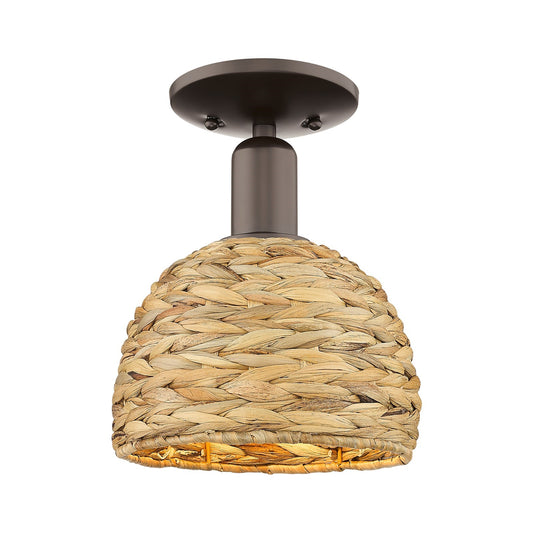 Innovations Woven Rattan 8in 1-Light Semi-Flush Mount | Rustic Oil Rubbed Bronze Steel and Natural Woven Rattan | Entryway & | Model 716-1C-OB-RBD-8-NAT