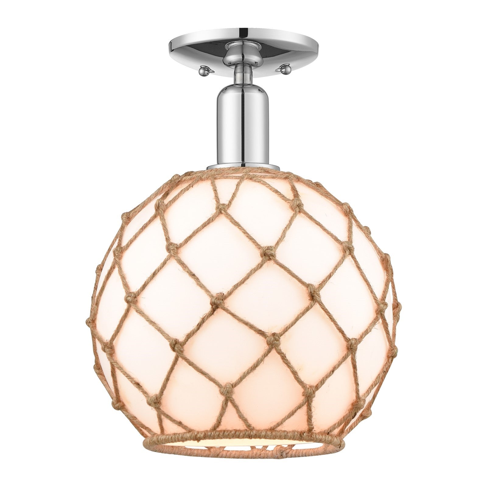 Innovations Farmhouse Rope 10in 1-Light Semi-Flush Mount | Industrial Polished Chrome Steel and Matte White Glass with Brown | Model 716-1C-PC-G121-10RB
