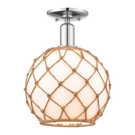 Innovations Farmhouse Rope 10in 1-Light Semi-Flush Mount | Industrial Polished Chrome Steel and Matte White Glass with Brown | Model 716-1C-PC-G121-10RB