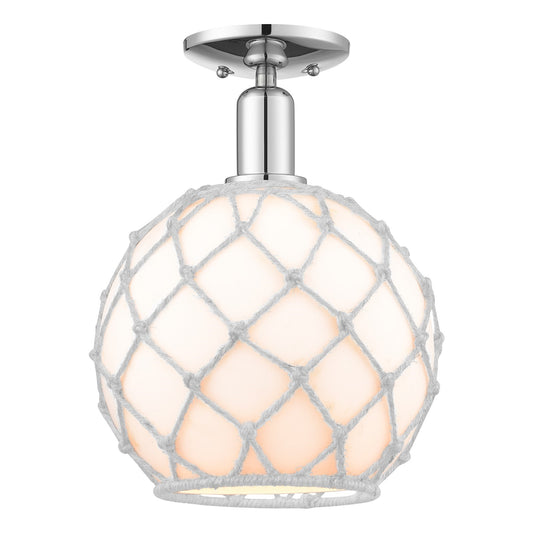Innovations Farmhouse Rope 10in 1-Light Semi-Flush Mount | Industrial Polished Chrome and White Glass with White Rope | Model 716-1C-PC-G121-10RW