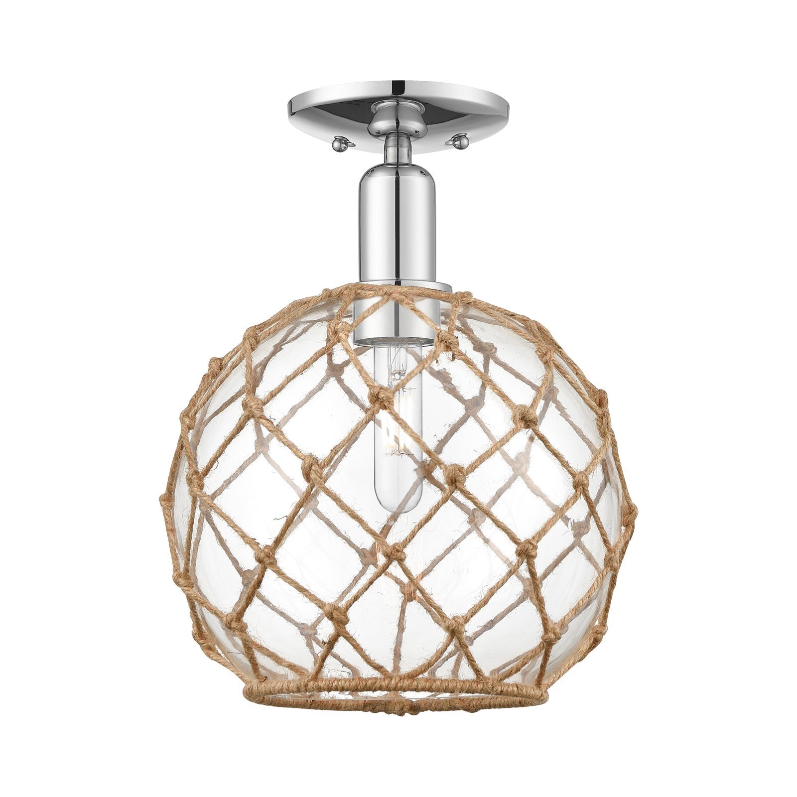 Innovations Farmhouse Rope 10in 1-Light Semi-Flush Mount | Industrial Polished Chrome Steel and Clear Glass with Brown Rope | Model 716-1C-PC-G122-10RB