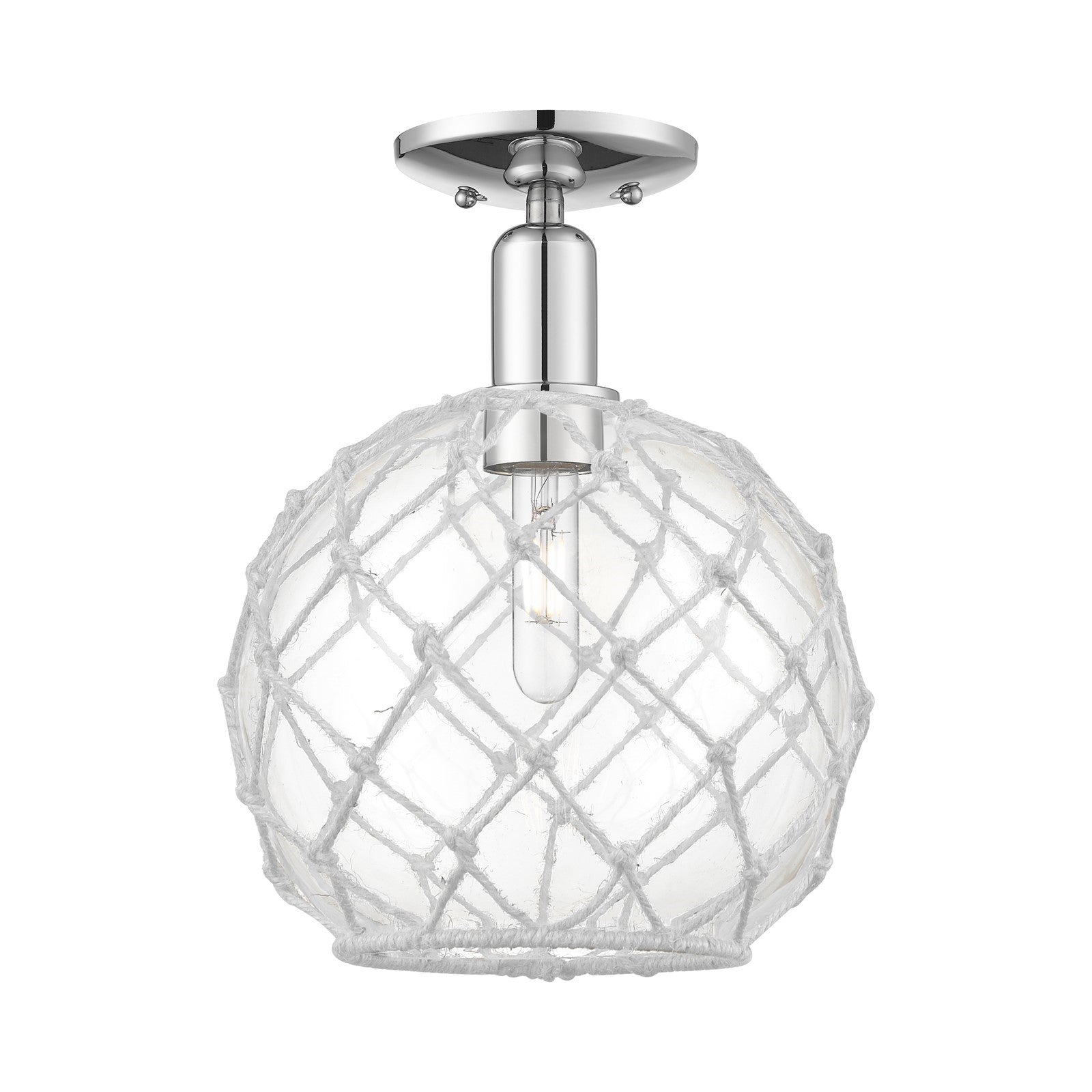Innovations Farmhouse Rope 10in 1-Light Semi-Flush Mount | Industrial Polished Chrome Steel and Clear Glass with White Rope | Model 716-1C-PC-G122-10RW