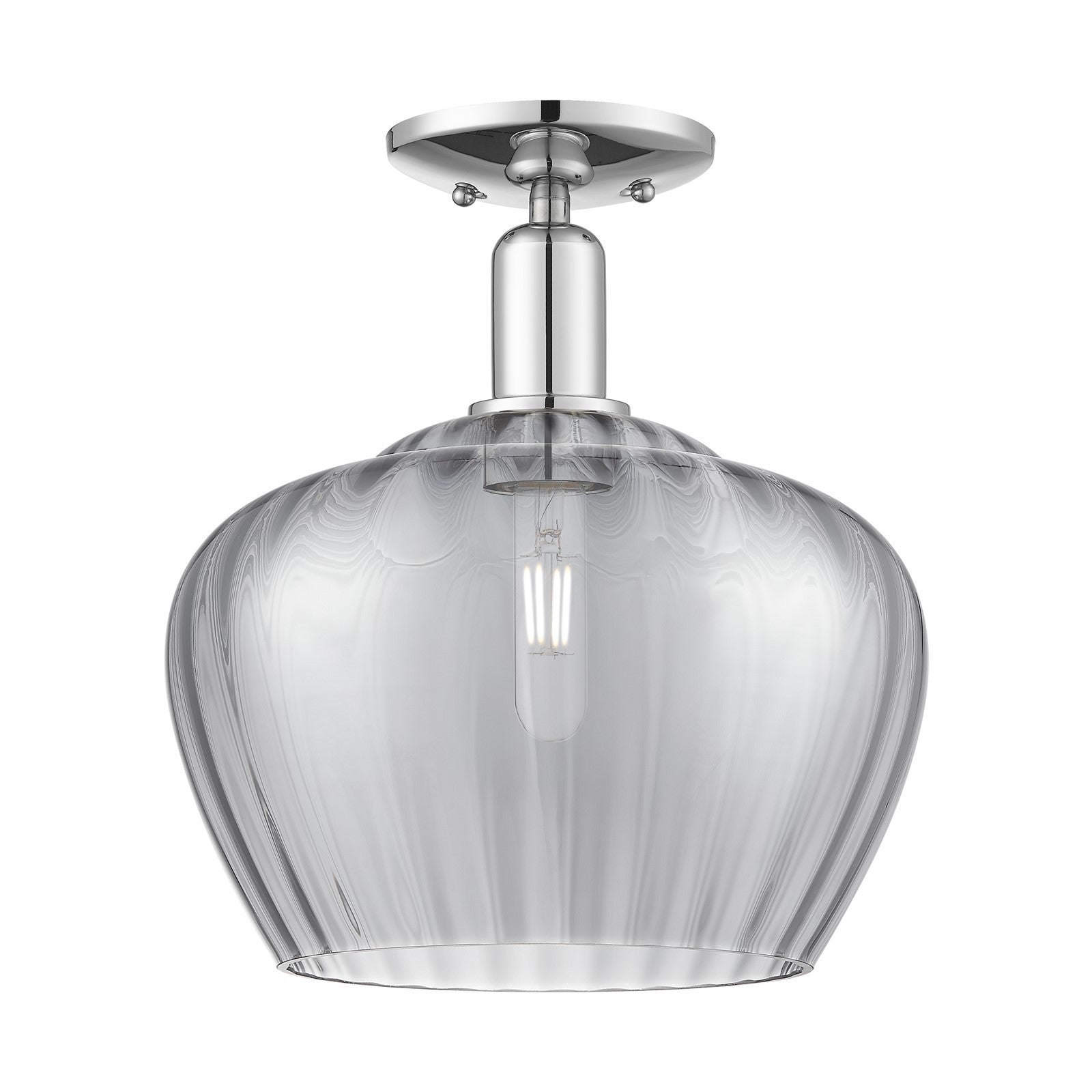 Innovations Fenton 11in 1-Light Semi-Flush Mount | Industrial Polished Chrome and Light Smoke Ribbed Glass | Kitchen & Hallway | Model 716-1C-PC-G93-L