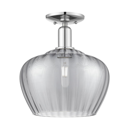 Innovations Fenton 11in 1-Light Semi-Flush Mount | Industrial Polished Chrome and Light Smoke Ribbed Glass | Kitchen & Hallway | Model 716-1C-PC-G93-L