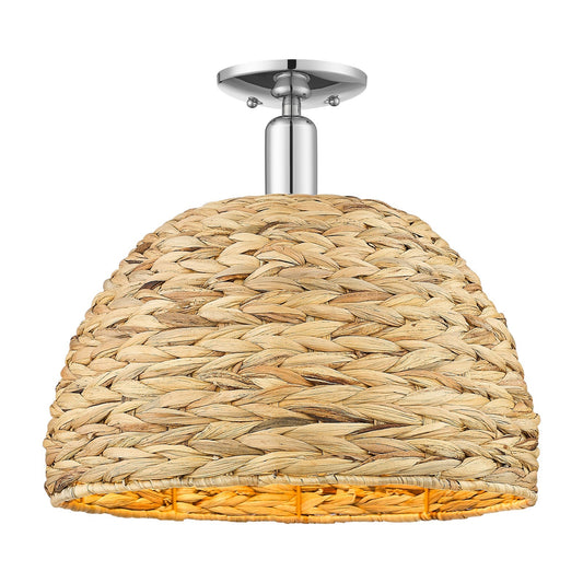 Innovations Woven Rattan 16in 1-Light Semi-Flush Mount | Industrial Polished Chrome and Natural Fiber Dome Shade | Entryway & | Model 716-1C-PC-RBD-16-NAT