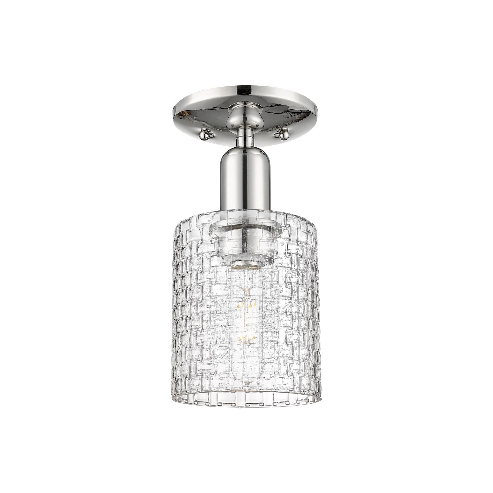 Innovations Cobbleskill 5in 1-Light Semi-Flush Mount | Industrial Polished Nickel Steel and Clear Basket Weave Glass | Model 716-1C-PN-G112C-5CL