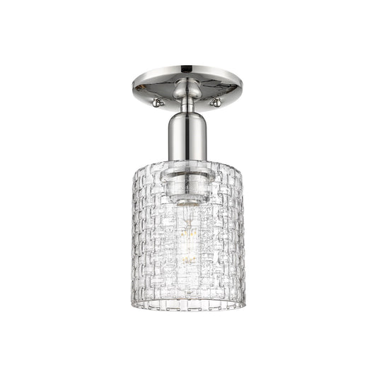 Innovations Cobbleskill 5in 1-Light Semi-Flush Mount | Industrial Polished Nickel Steel and Clear Basket Weave Glass | Model 716-1C-PN-G112C-5CL